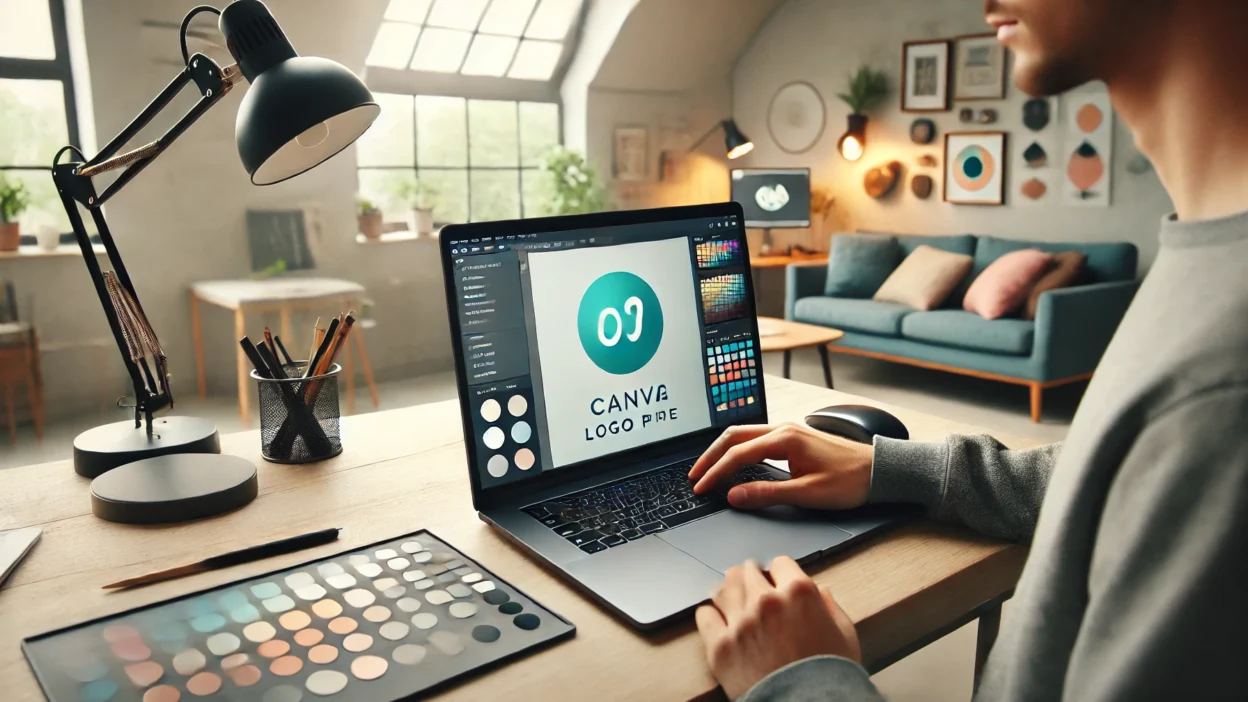 A designer creating a professional Canva logo on a laptop.