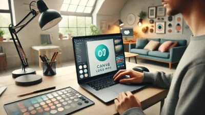 A designer creating a professional Canva logo on a laptop.