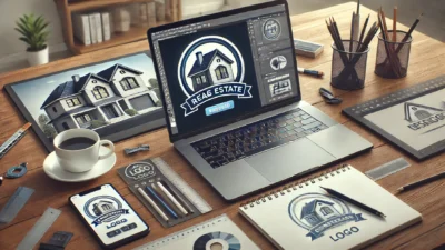 A professional free logo design workspace featuring a laptop with logo design software open, showcasing a real estate logo and a construction logo being created. The desk includes a sketchpad, coffee cup, and design tools, all in a minimalistic modern setting