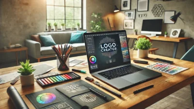 A laptop with a free logo design tool on the screen surrounded by design sketches.