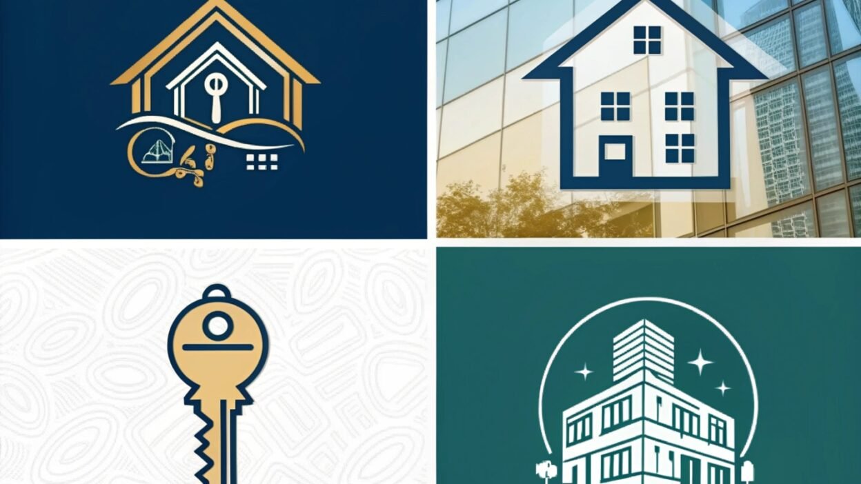 A set of realtor and property management logo designs featuring houses and keys.