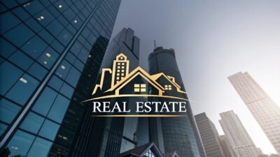 Real estate logo design featuring a skyline and company name.