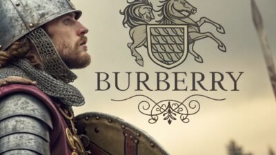 Collage of historical and modern Burberry logo designs representing British luxury.