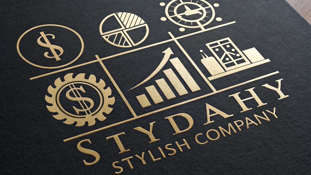 Modern company logo with business-related icons and elegant typography.