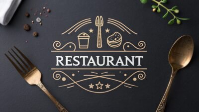 Modern restaurant logo with food-related icons and elegant typography.