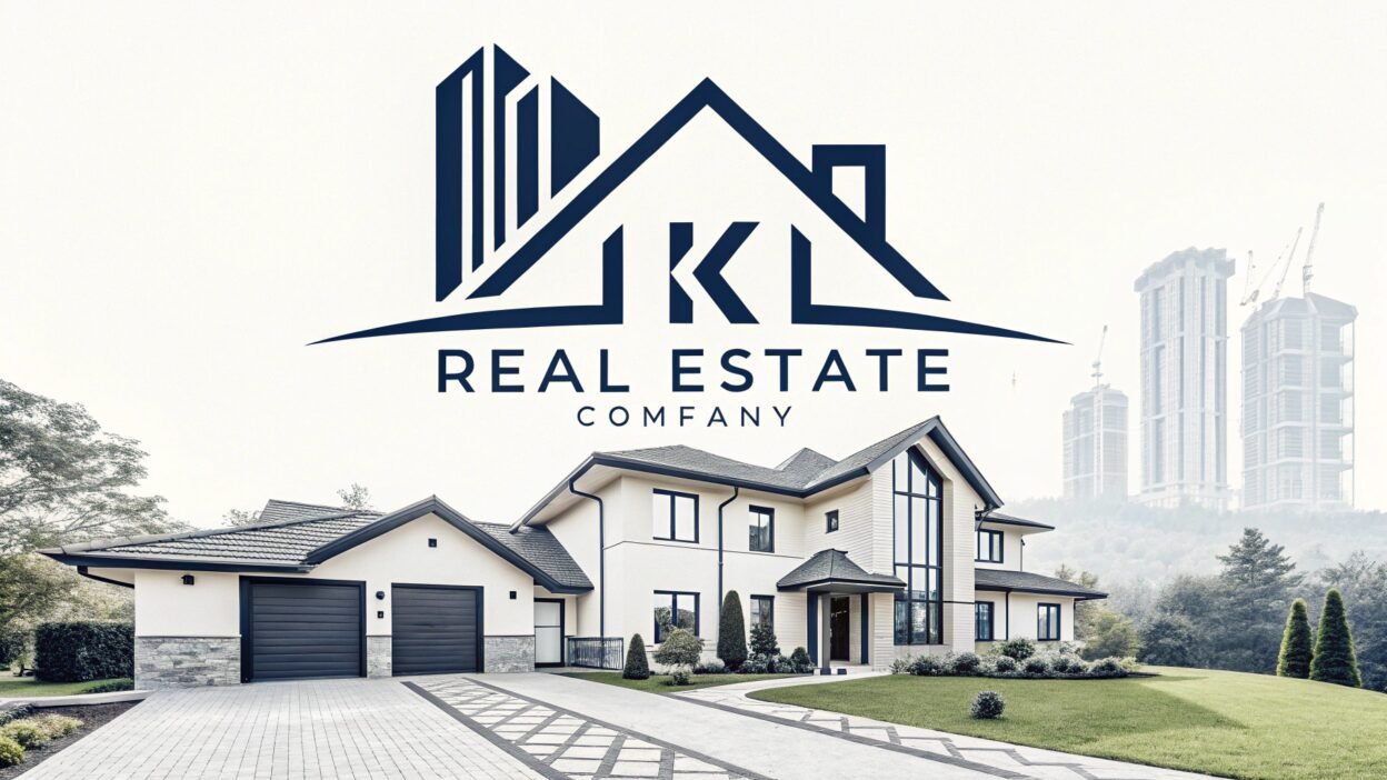 Modern real estate logo with house icon and clean typography.