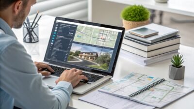 Developer designing a responsive estate real estate website on laptop.