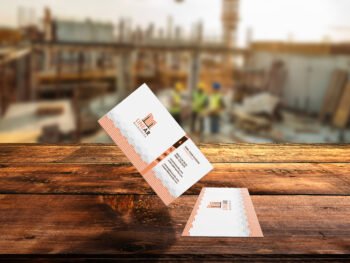 Elegant construction business card design featuring a professional layout for "Linear Architects" with front and back views displayed on a wooden desk.