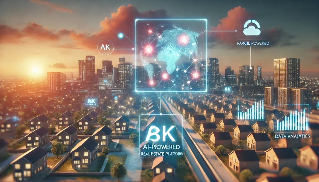 AI-powered real estate platform concept featuring a futuristic cityscape at sunset with holographic parcel maps, glowing price prediction markers, and interactive data analytics overlays for property insights.